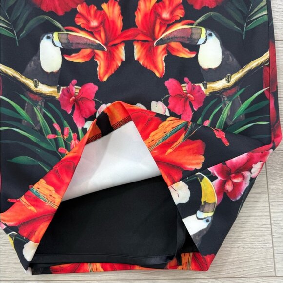 TED BAKER Bismii Toucan Print Multicolor Tropical Black Bodycon Midi Dress - Picture 6 of 14